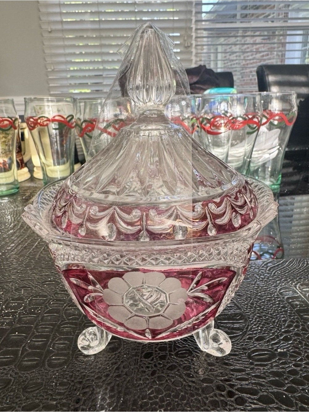 Cut Crystal Covered Candy Dish with Ruby Red Accents